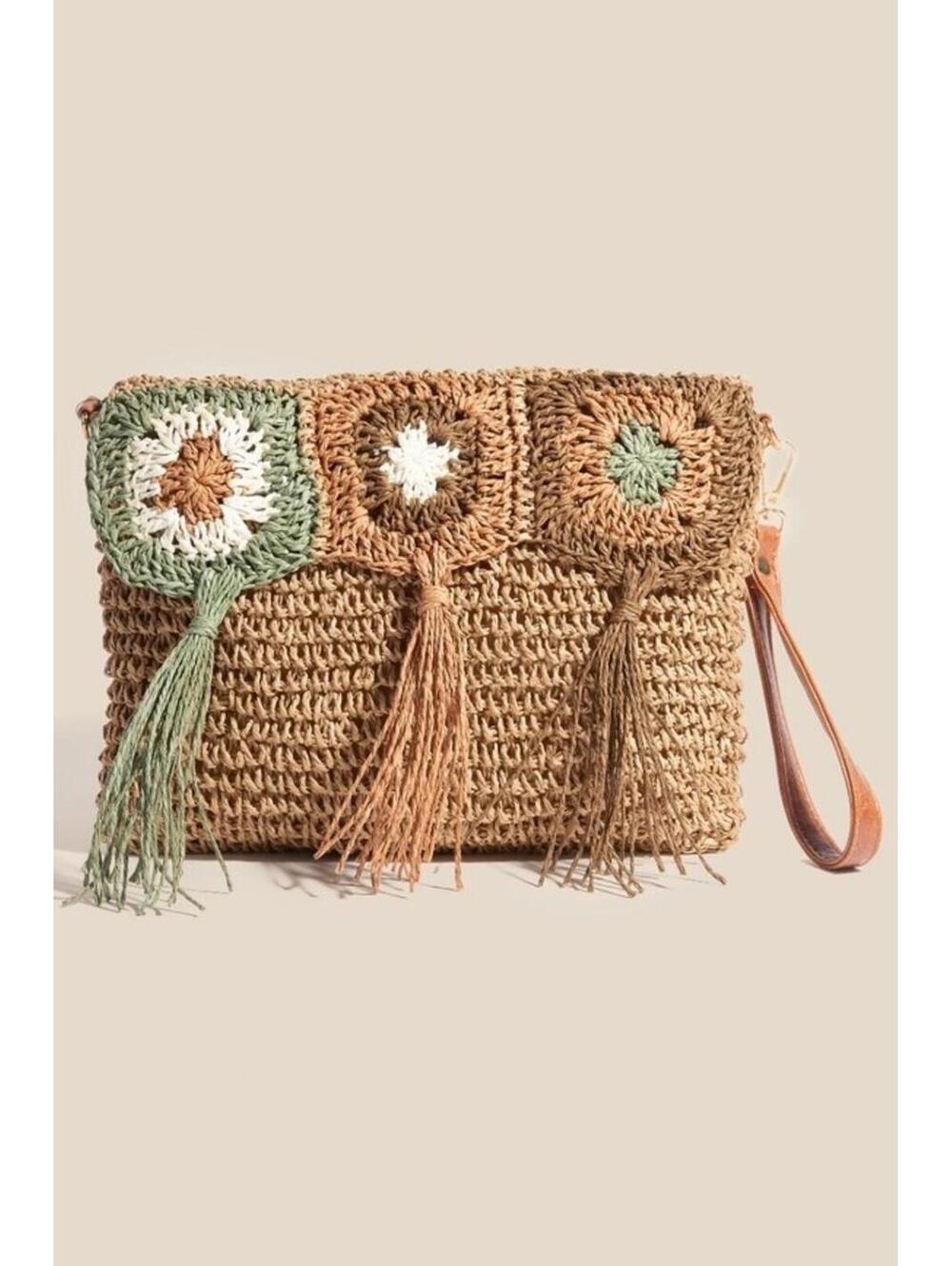 Boho Crochet Resort Style Breezy Braided Straw Crossbody Bag Tassel Clutch NWT